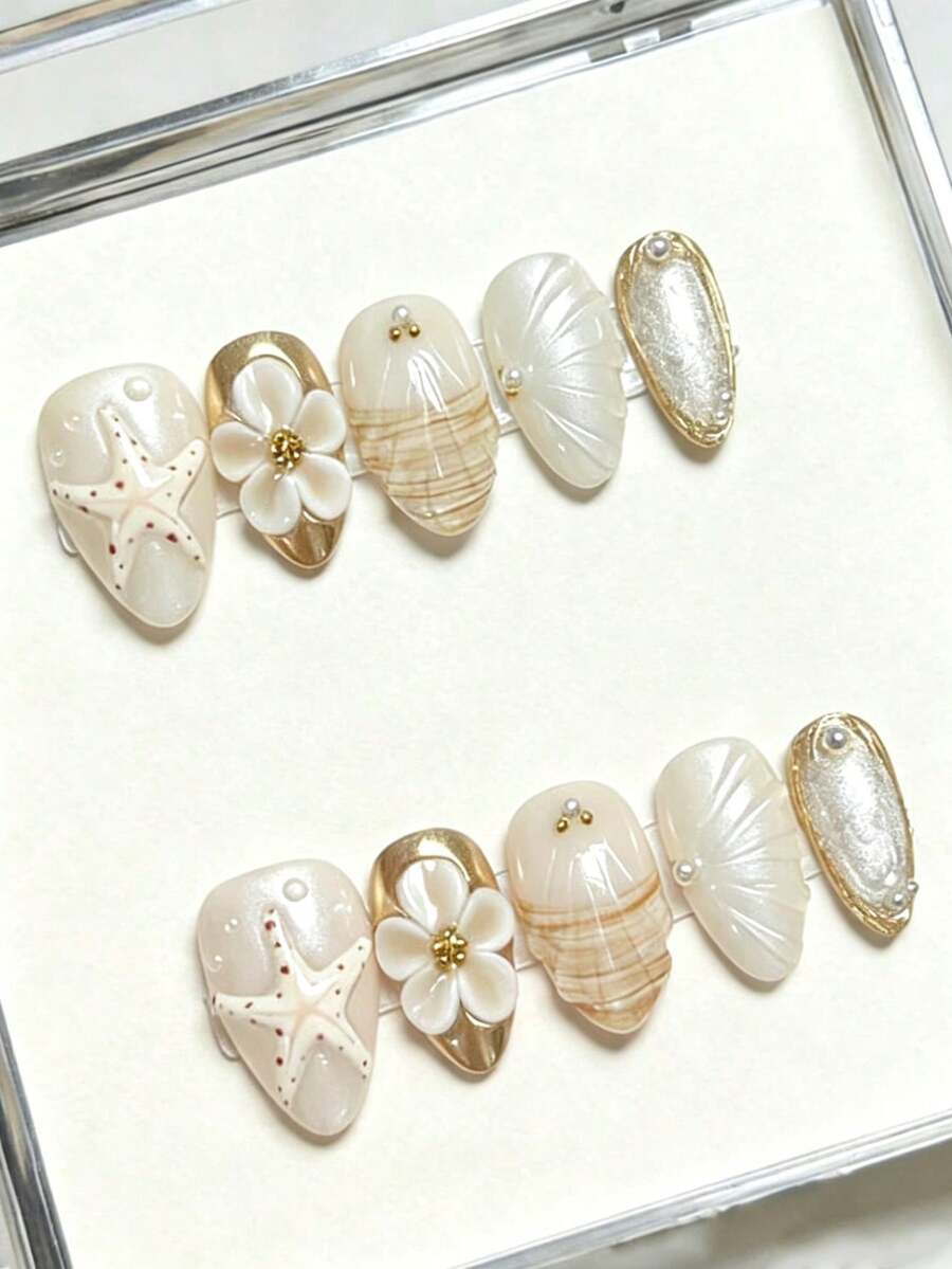 10PCS Minimalist Elegant Ins Daily Versatile Gold Frame Hand-Painted Gold Sand Texture 3D Embossed Starfish Flower Long Water Drop Short Almond Press-On Nails White Gold Color Art Nail Tips - Champagne - View 1