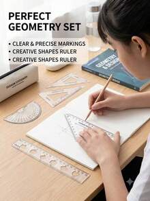 4pcs Geometric Ruler Set, 20cm Straight Ruler, 45°&60° Triangle Ruler, 180° Protractor, Transparent Scale Drawing & Measuring Tools, Portable Student Math Stationery - A - View 2