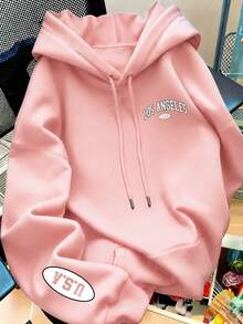 USA Print Pattern Sweatshirt, Plus Size Women's Casual Autumn/Winter Long Sleeve Pocket Hooded Sweatshirt Pink - Pink - View 2