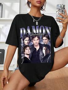 Black Collage T-Shirt With Damon Salvatore Portraits And Lightning Bolts, Short Sleeves, Round Neck, Unisex, Vintage 90s Style - Black - View 1