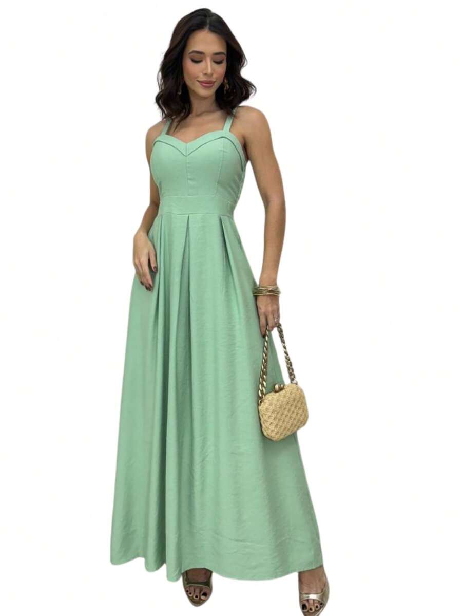 Long Dress With Adjustable Straps Lastex Waisted Fits 36 To 44 Women's Elastex Dress With Adjustable Back From 36 To 44 Comfortable Elastex Waisted Dress With Adjustable Straps - 薄荷綠 - 查看 1