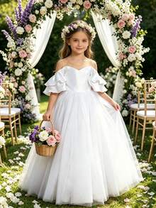 XUMPLO Robe de demoiselle d'honneur élégante pour fille avec manches à volants en tulle invisible, grand nœud et tulle, pour fête, anniversaire, banquet, bal, mariage, communion, baptême, été - Blanc - Voir 1