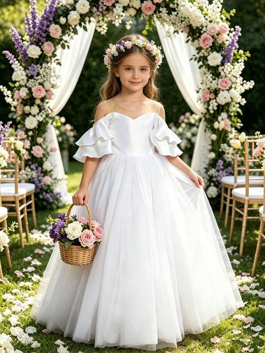 XUMPLO Robe de demoiselle d'honneur élégante pour fille avec manches à volants en tulle invisible, grand nœud et tulle, pour fête, anniversaire, banquet, bal, mariage, communion, baptême, été - Blanc - Voir 1