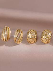 3pairs/2pairs/1pair Luxury Textured Micro Paved Cubic Zirconia Earring Sets, Versatile Gold Plated Copper Jewelry For Bridal Wedding Daily Banquet - Gold - View 4