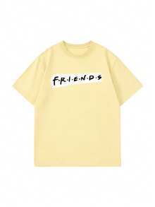 Light Yellow Oversized T-Shirt, Red Logo On Front, Loose Casual Short Sleeve Summer - Yellow - View 6