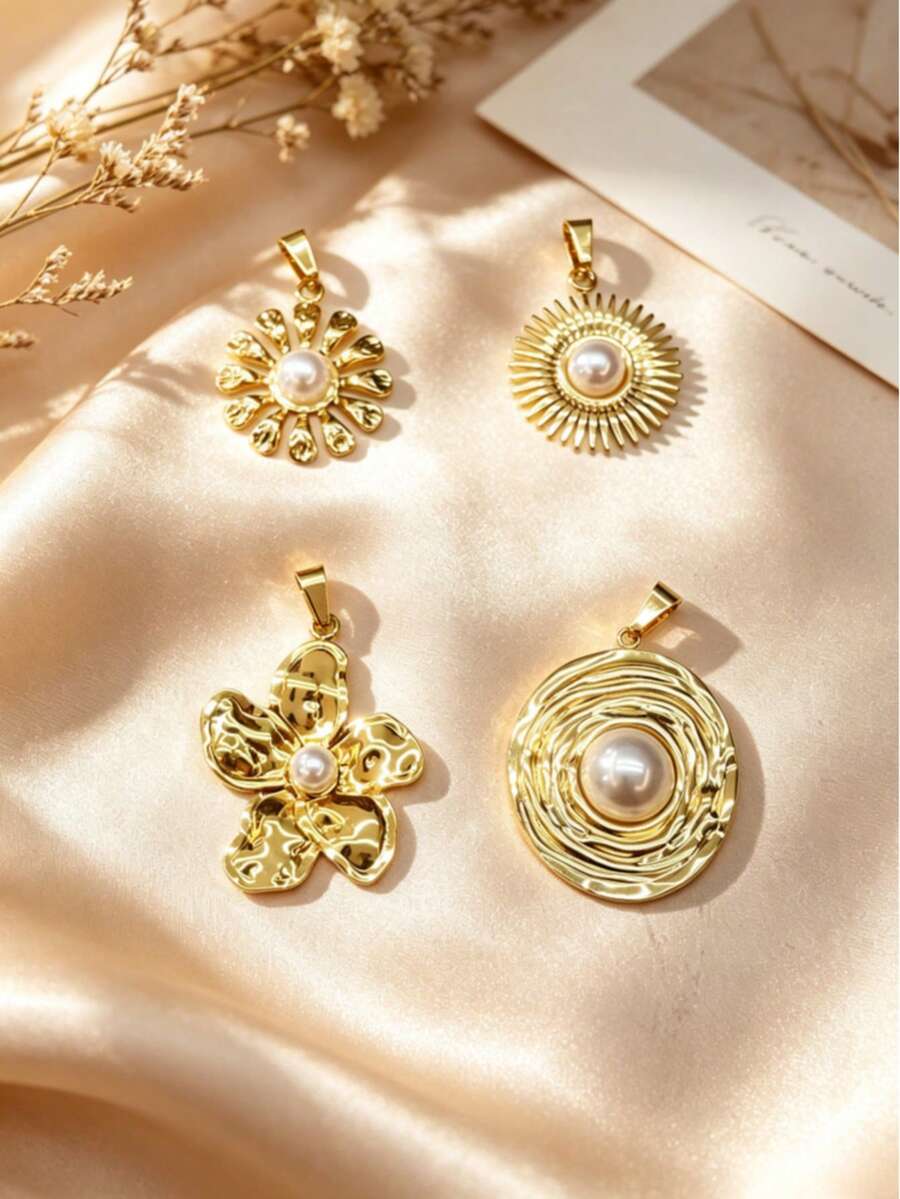 Luxury Vintage Engagement Style 3D Sun Pattern Daisy Flower Pearl Stainless Steel DIY Pendant, Hammered Texture Gold Pendant, Waterproof Sweat-Resistant Non-Oxidizing, Suitable For Graduation Party, Engagement Party, Wedding, Indoor Concert, Luxury Dinner, Can Be Paired With Various Pendants For Layering, Anniversary Gift For Girlfriend, Mom High-End Commemorative Accessory - Multicolor - View 1