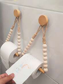 1 Set No-Drill Rope Woven Toilet Paper Holder, Bohemian Style Woven Wall Hanging Rack With Extra Hooks, Vintage Natural Style Hanging Toilet Paper Storage Rack, Suitable For Bathroom And Kitchen Decor - Multicolor - View 4