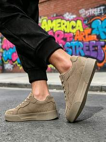 Men's Tan Nubuck Lace-Up Sneakers With Durable EVA Platform Outsole And Contrast Stitching Details - Brown - View 10