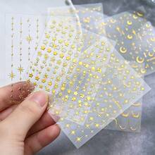 6入金屬金星月美甲貼紙，6張3D自黏星形美甲貼片，金色月亮線條美甲裝飾，DIY美甲用品，適合女性女孩沙龍與居家使用 - 金色 - 查看 7