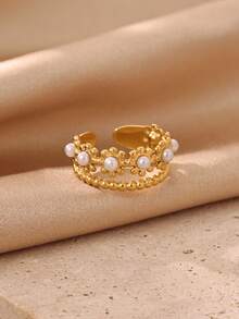 1PC Multi-Layer Faux Pearl Stitching Flower Rings For Women Gold Color Stainless Steel Geometric Flower Opening Ring Wedding Christmas Jewelry - Multicolor - View 2