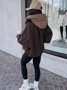 Women's Vintage Dark Casual Fashion Versatile Modern Jacket With Zipper Pockets, Hooded Colorblock Top For Daily Wear, Vacation And Back To School - Coffee Brown - View 2