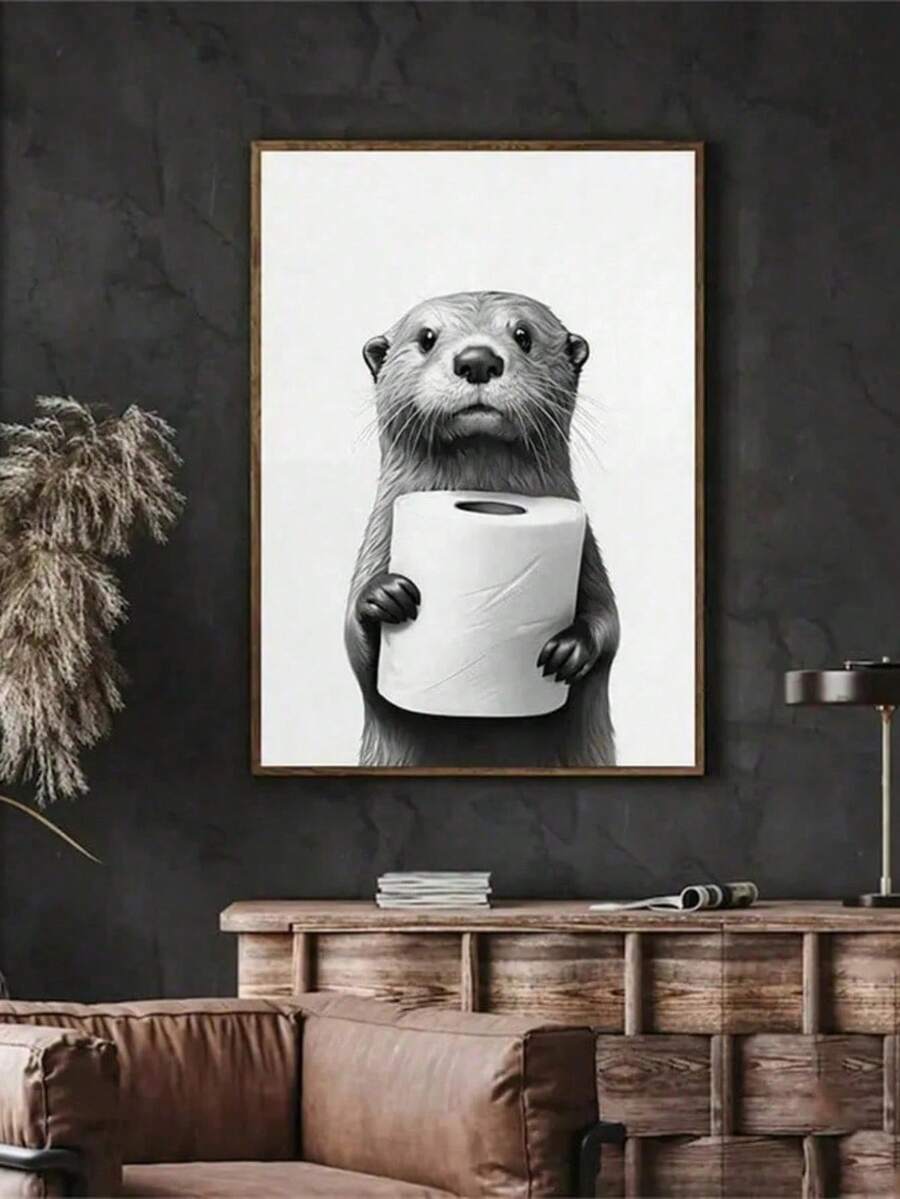 1pc Unique Black And White Otter Canvas Art Print - Bathroom Wall Decor - Unframed, Wall Art, Poster Gift For Birthday And Graduation