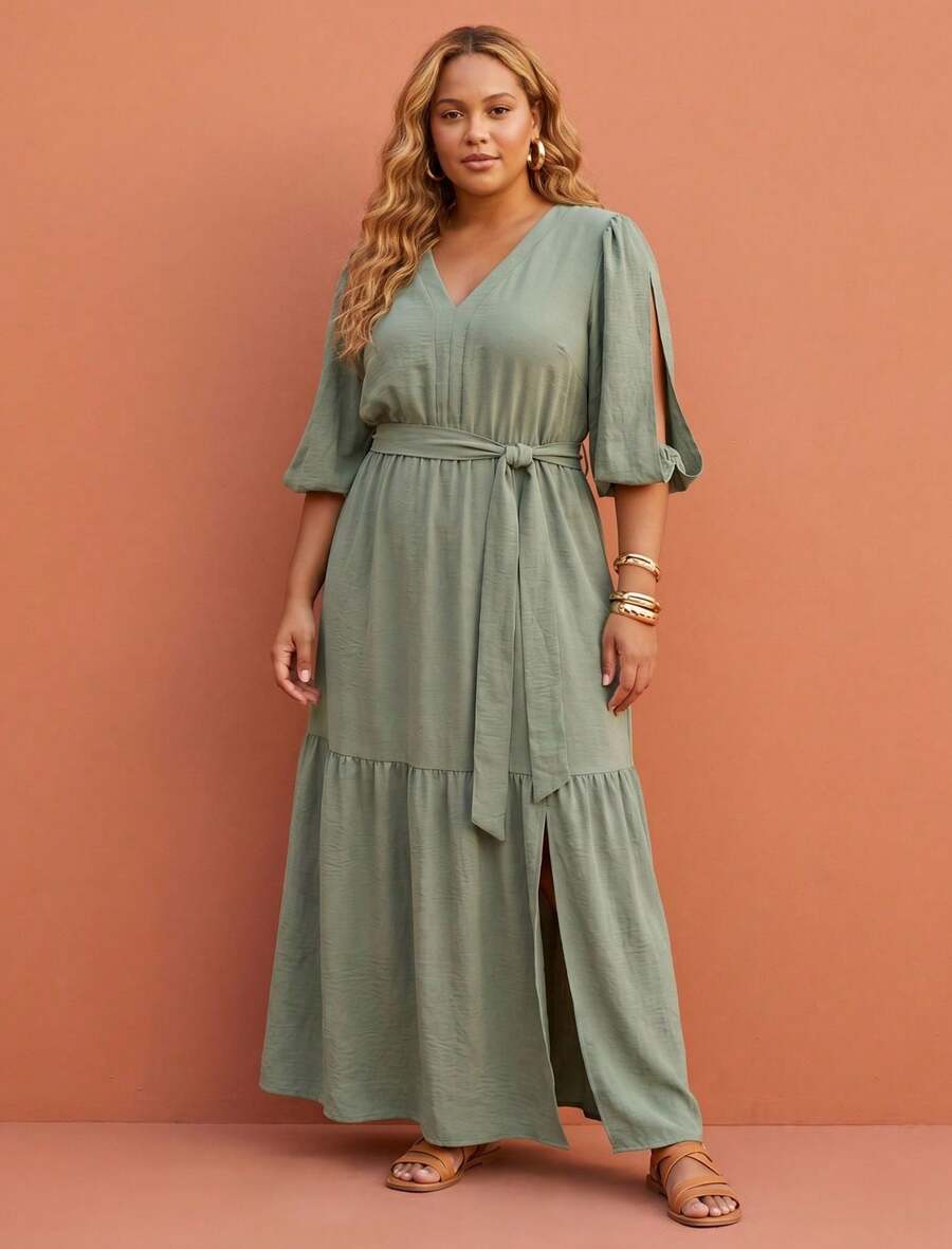 FASHION MIX PREMIUM Elegant Long Dress With Slit And Ruffle On The Hem 3/4 Puff Sleeves With V-Neckline And Tie At The Waist Women's Plus Size - 淡綠色 - 查看 1
