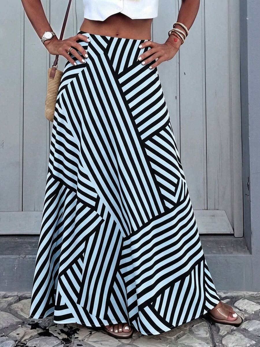 Women's Striped Print Elastic Waist A-Line Skirt, Elegant Casual Polyester Fiber, Suitable For Office, Daily, Dating, Travel, All Seasons - Light Blue - View 1