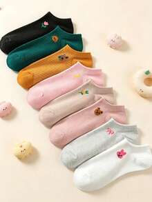 5雙女款可愛刺繡船襪，棉質羅紋低筒透氣，居家、通勤與日常穿著皆適用，隨機配色 - 彩色 - 查看 2