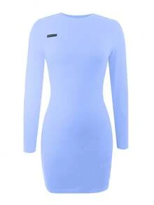 LovelyWholesale Women's Casual Round Neck Long Sleeve Solid Color Mini Fashion Dress For Summer - Baby Blue - View 3
