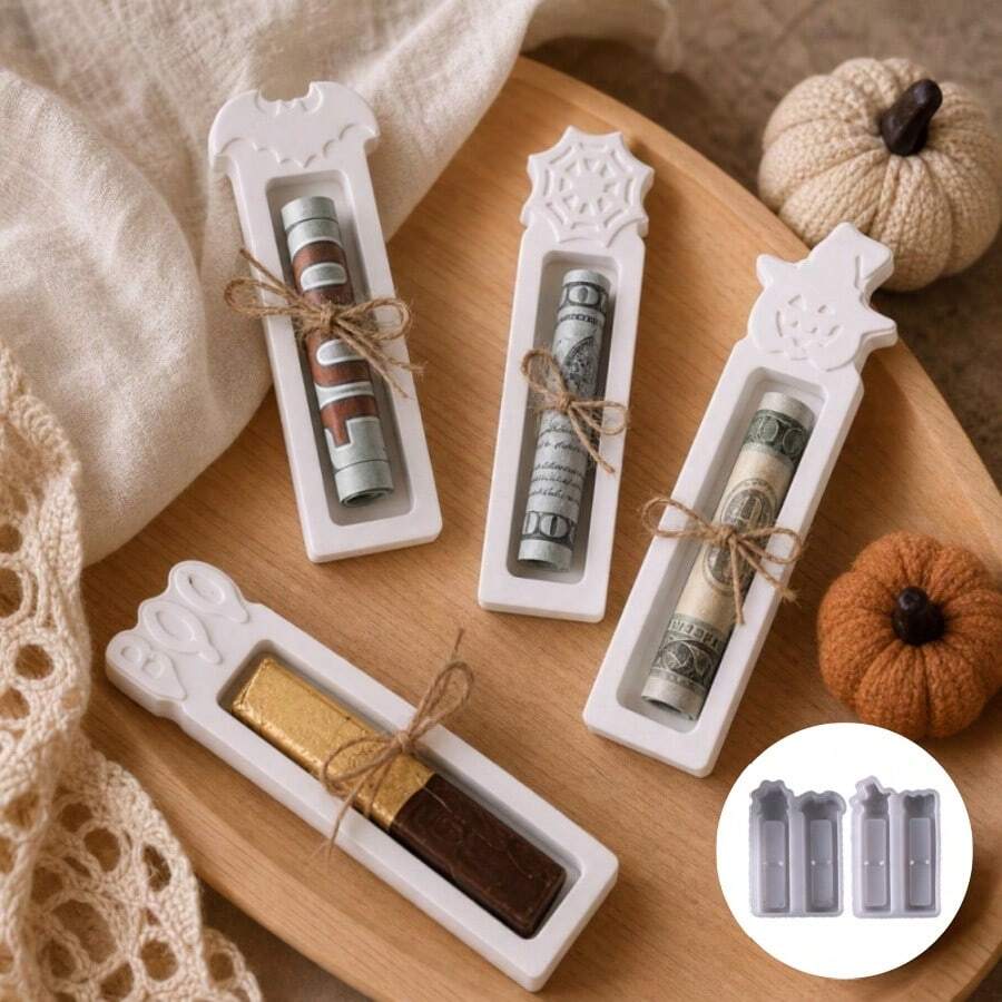 SILIKE LUFEI 1件 2格萬聖節幽靈與蝙蝠禮物架模具,矽膠黏土模具,適用樹脂、石膏、蠟燭、香氛用品,居家裝飾展示架 - 萬聖節禮物支架模具 - 查看 1
