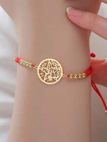 LIKGREAT 1pc Men's Fashion Vintage Pentagram Hollow Round Charm Adjustable Red & Black Braided Bracelet, Minimalist Couple Niche Versatile Hand Accessory - Bracelet Series - View 2