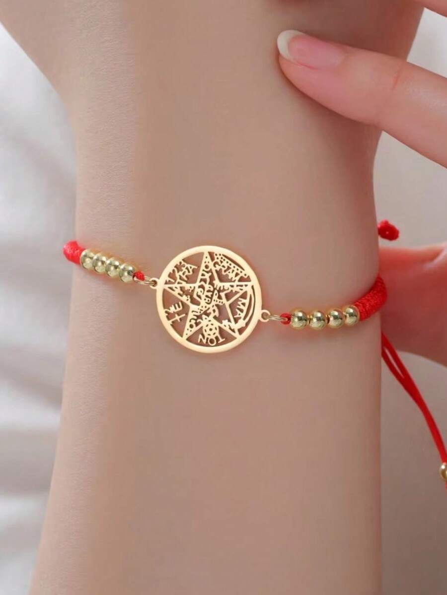 LIKGREAT 1pc Men's Fashion Vintage Pentagram Hollow Round Charm Adjustable Red & Black Braided Bracelet, Minimalist Couple Niche Versatile Hand Accessory