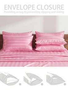 2/3Pcs Satin Striped Bed Sheet Set, Soft & Breathable, Wrinkle-Resistant, (1 Flat Sheet + 1/2 Pillowcases, No Filling) Suitable For All Seasons, Soft & Comfortable, Ideal For Dorm Students, Home Bedroom, Guest Room, Multi-Color Soft & Durable, Extra Large Bedding, Suitable For Travel And Dorm - Pink - View 5