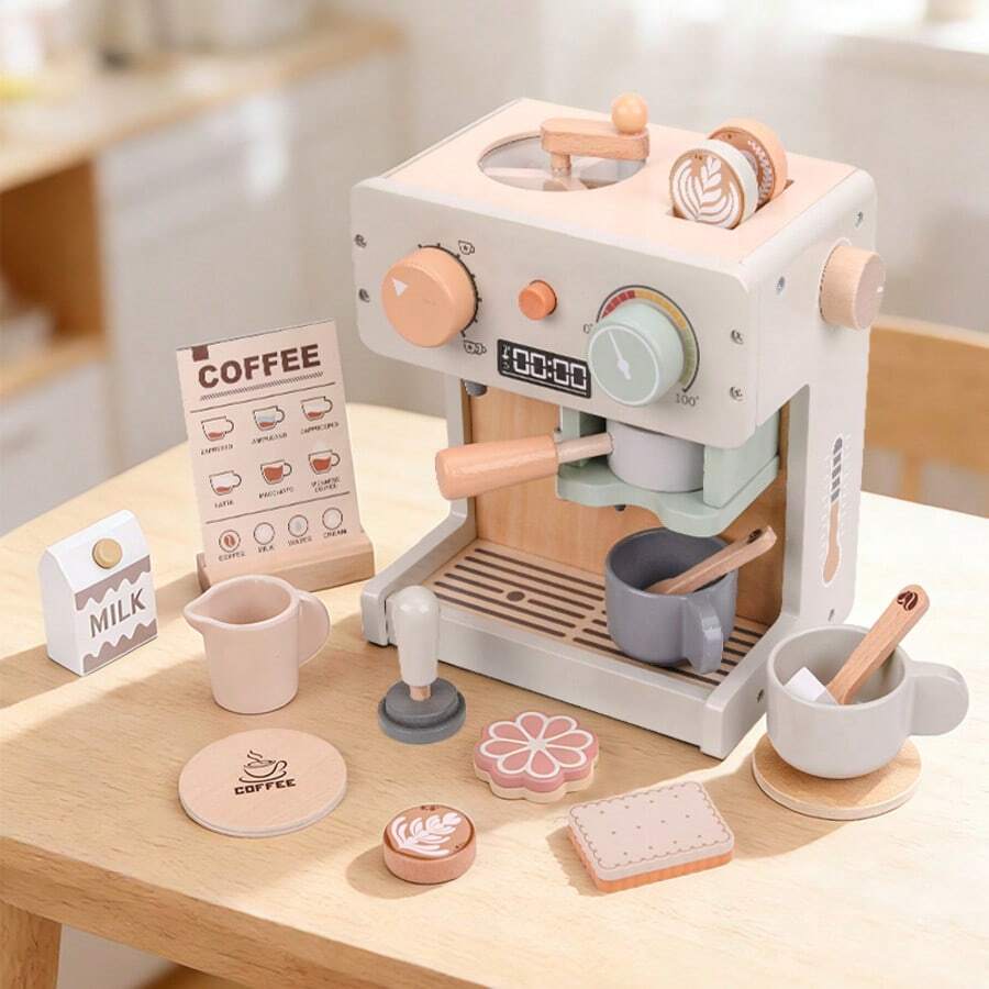 Juego de Máquina de Café de Madera para Juego Simbólico, Adecuado para Niños de 3 Años o talla grande, Juguete de Juego de Rol de Madera, Juguete de Máquina de Café para Niños con Accesorios de Café Completos, Juguete de Juego de Rol de Cocina Estilo Montessori, Regalo Ideal de Cumpleaños o Navidad para Niños y Niñas