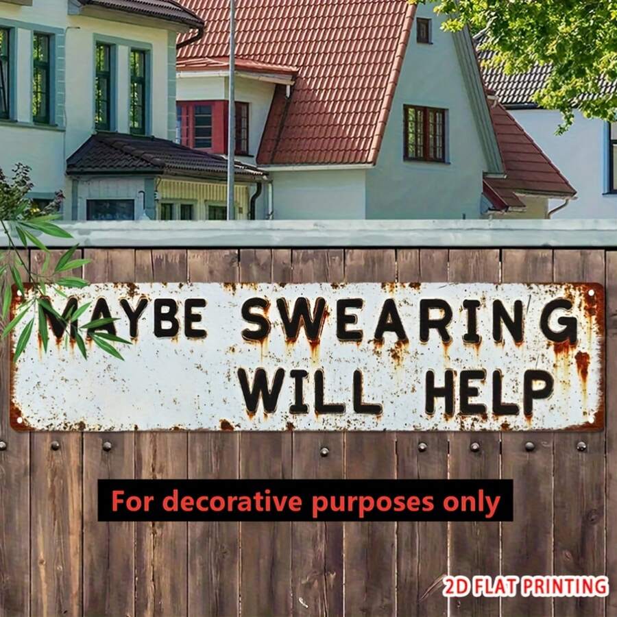 2D Flat Vintage Metal Wall Decor - Funny "Swearing Can Help" Decoration With Rusty Edge Effect - Durable Metal Structure - Suitable For Home, Bar, Cafe, Office - Metal Wall Decor, 1pc, Pre-Drilled Holes As Shown In Dimension Diagram - Multicolor - View 1