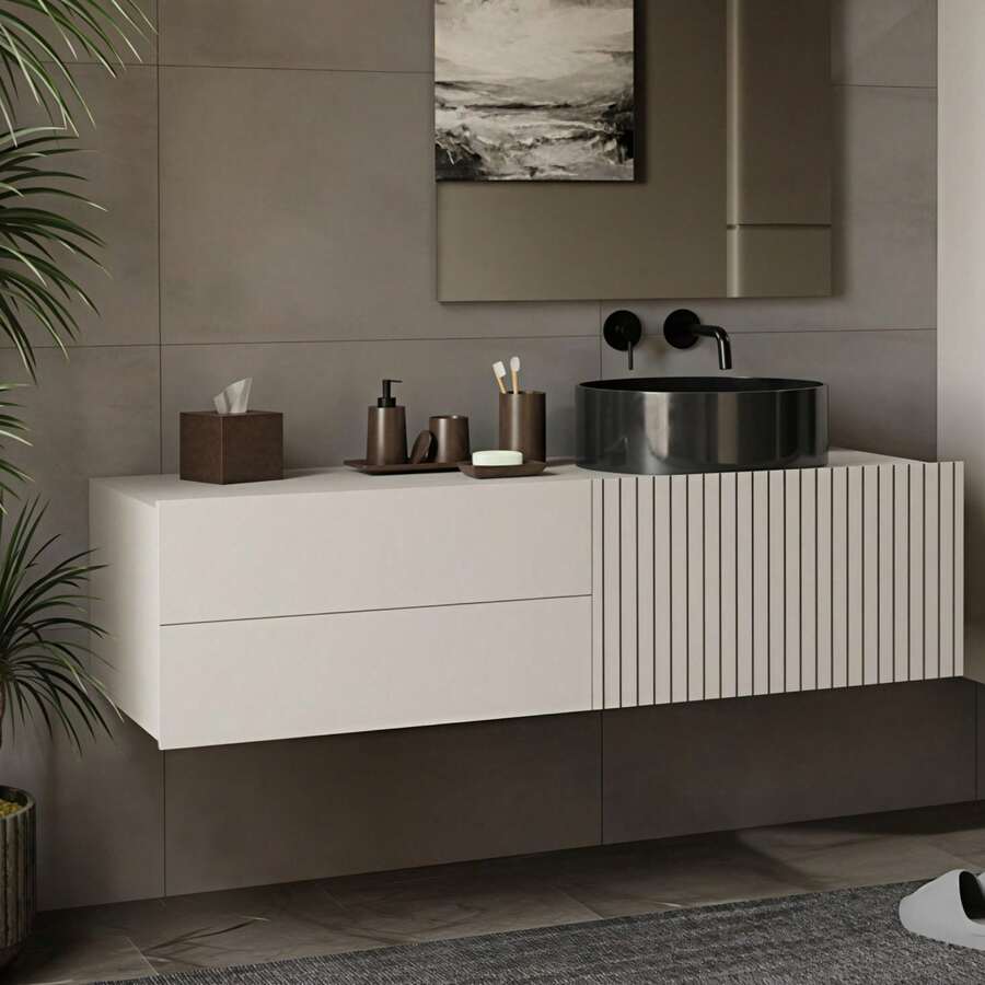 Space Saving Floating Wall Bathroom Vanity 140*53*37.5cm, Handleless Narrow Bathroom Storage Cabinet With Fluted Door & 2 Drawers, Damp Resistant Wall Mount Bathroom Unit Oak Light Gray For Apartment Small Washroom - Multicolor - View 1