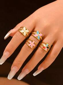 1pc Stainless Steel Flower Ring, Women's Fashion Minimalist 18K Gold Plated Open Ring Jewelry - Ring - View 2