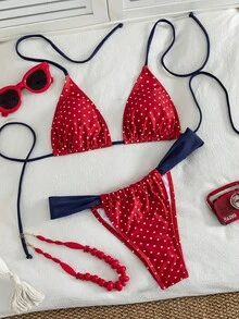 Women's Striped Print Halter Tie 2-Piece Swimsuit, Sexy Fashion Minimalist, Suitable For Young Girls, Beach Vacation, Travel And Dating Summer - Red and White Dots - View 2