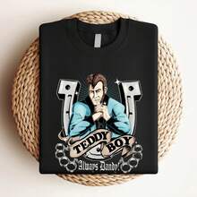 Camiseta de mujer con estampado Teddy Boy Always Dandy Vintage de los años 50, estilo Rock&Roll, camiseta gráfica retro de la subcultura Greaser, top casual de manga corta con cuello redondo - Negro - Ver 3