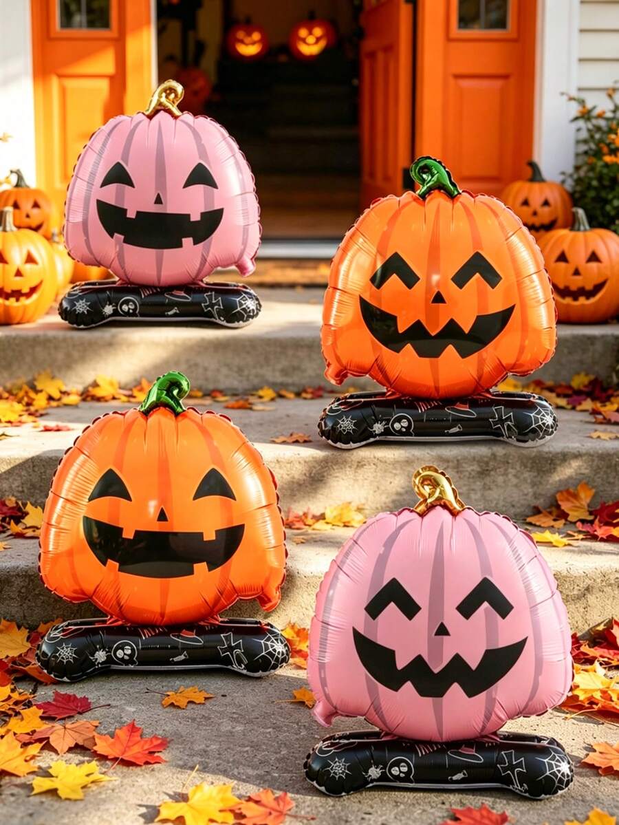 2pcs Halloween Theme Pumpkin Foil Balloons, Includes Orange-Yellow And Pink Double-Sided Small Pumpkin Shaped Balloons, Suitable For Halloween, Pumpkin Party, Halloween Party Atmosphere Decoration, Halloween Funny Decoration, Holiday Atmosphere Photo Props, Indoor And Outdoor Photo Background Props, Trick Or Treat Party - Multicolor - View 1