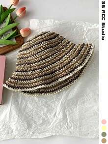 Dopamine Striped Straw Fisherman Hat Women Summer Hollow Out Breathable Bucket Hat Slimming Face Sun Protection Sun Hat Plus Size Rainbow Striped Hollow Straw Hat Women Travel Outdoor Sun Protection Face Covering Sun Hat Women New Wide Brim Slimming Face Large Head Circumference Handmade Woven Large Size Fisherman Hat Vacation Beach Bucket Hat Back To School - Multicolor - View 17