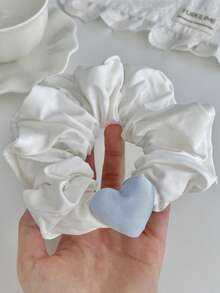 1pc Niche Design Soft Milk Blue Heart White Scrunchie, Cute New Style Hair Tie For Girls - Multicolor - View 3