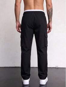 Men's Drawstring Waist Multi-Pocket Straight Leg Cargo Pants, Green Side Zipper Decor Loose Casual Sports Long Pants - Black - View 2