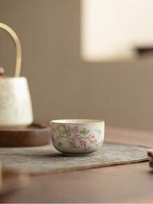 1pc/2pcs/4pcs Beige Ru Yao Peach Branch Pink Ceramic Tea Cup, Can Be Nurtured And Develop Crackle, Kung Fu Tea Set, Personal Small Single Cup - Multicolor - View 6