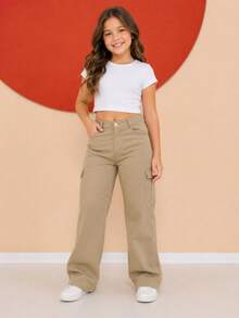 Wide Leg Youth Cargo Pants - Khaki - View 1
