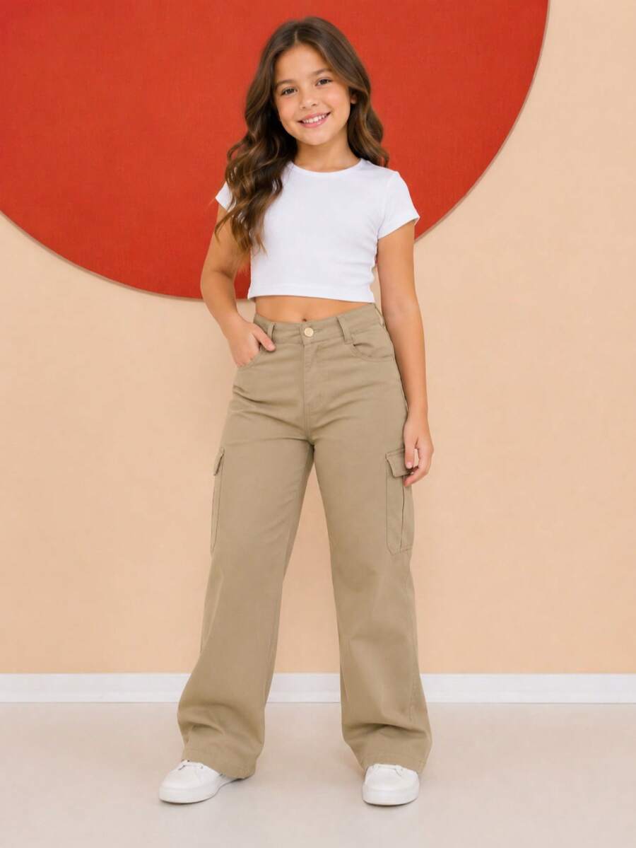 Wide Leg Youth Cargo Pants - Khaki - View 1