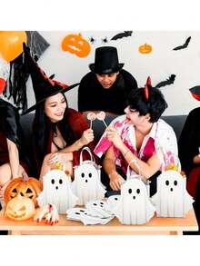 4pcs/1pc Halloween Ghost Paper Gift Bags With Handles, Candy Bags, Gift Bags, Halloween Theme Tote Bags, White Little Ghost Surprise Gift Bags, Trick Or Treat, Holiday Party Gift Bags For Family And Friends, Theme Birthday Holiday Party Supplies - Multicolor - View 4