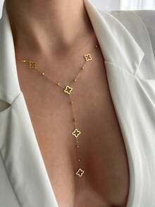 2pcs Fashion Stainless Steel 18K Gold Cross & Four-Leaf Clover Y-Shaped Chain Long Tassel Necklace Set - Gold - View 3