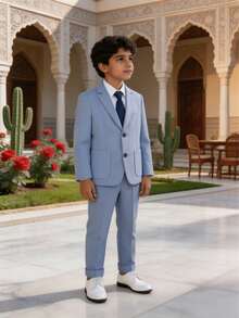 Tween Boys Handsome Fashion Gentleman Suit Set, 1 Jacket + 1 Pants + 1 Tie, Suitable For Wedding, Flower Boy, Performance, Christmas Party, Banquet And Other Formal Occasions - Baby Blue - View 8