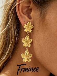 Frminee 1 Pair Summer Vintage Floral Fashion 18K Gold Stainless Steel Earrings, Bohemian Style, Suitable For Daily Wear And Vacation, Women's Fashion Western Jewelry, Holiday Gift - Five-petaled Flower - View 5