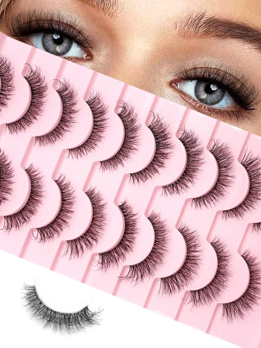 10 Pairs Cat Eye D Curl 3D Faux Mink Fluffy Black Band Reusable Lashes - Pink - View 1