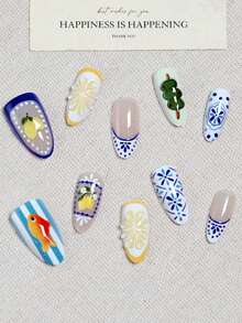 10 Stück französische mandelförmige lange Nagelaufkleber, mediterraner Urlaubsstil Nagelkunst, Amalfi Nägel, Zitrone, Vintage, inklusive 1 Jelly-Kleber und 1 Nagelfeile, geeignet für Frauen/Mädchen zum täglichen Tragen, Sommer, Press-On Nagelaufkleber, Kunstnägel, Nagelzubehör - Verschiedenfarbig - Übersicht 3