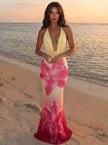 Gradient Lily Flower Print Halter Maxi Dress, Deep V Draped Mesh Bodycon Mermaid Dress Elegant Summer - Multicolor - View 3