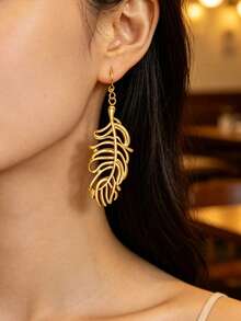 1 Set de Collar con Colgante y Pendientes de Diseño de Pluma Estilo Minimalista Elegante de Acero Inoxidable, Joyería para Mujer, Adecuado para Uso Diario o Asistir a Conciertos o Compromisos, Regalo Perfecto de Vacaciones para Mujeres - Amarillo Oro - Ver 8