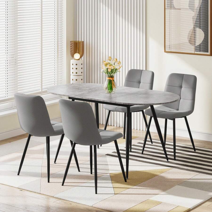 Extendable Dining Table And Chairs Set Of 4, Oval Mable Effect Table With Upholstered Chairs For Dining Room