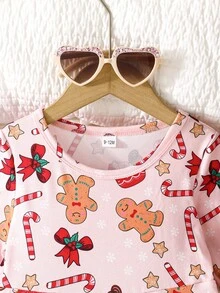 Baby Girls Sweet Cute Autumn/Winter Christmas New Style Christmas Gift Pattern Print Round Neck Long Sleeve Color Block Flared Dress Christmas Party Holiday Atmosphere - Red - View 4