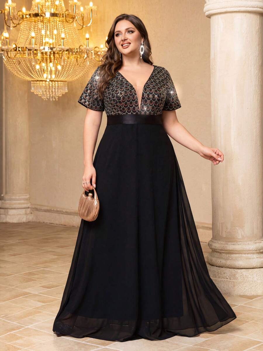 UNITHORSE Gaun Pesta Chiffon Patchwork Payet untuk Wanita Ukuran Plus - Hitam - View 1