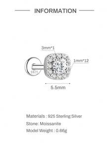 1Pc 0.1CT D Color Moissanite 925 Sterling Silver Flat Back Stud Earrings Hypoallergenic Multi Shape Cartilage Piercing Jewelry For Daily Wedding Brida - Silver - View 14