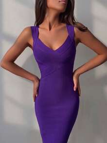 Women's Sexy Elegant Spaghetti Strap V-Neck Bodycon Knee-Length Wrap Dress, Stretch, Purple, Suitable For Evening Party, Cocktail Wedding Fall - Purple - View 4